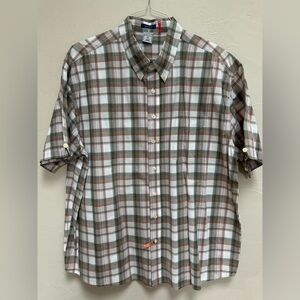 Old Navy Shirt Men's Plaid Button Down Short Sleeve Shirt Tan & White XXL